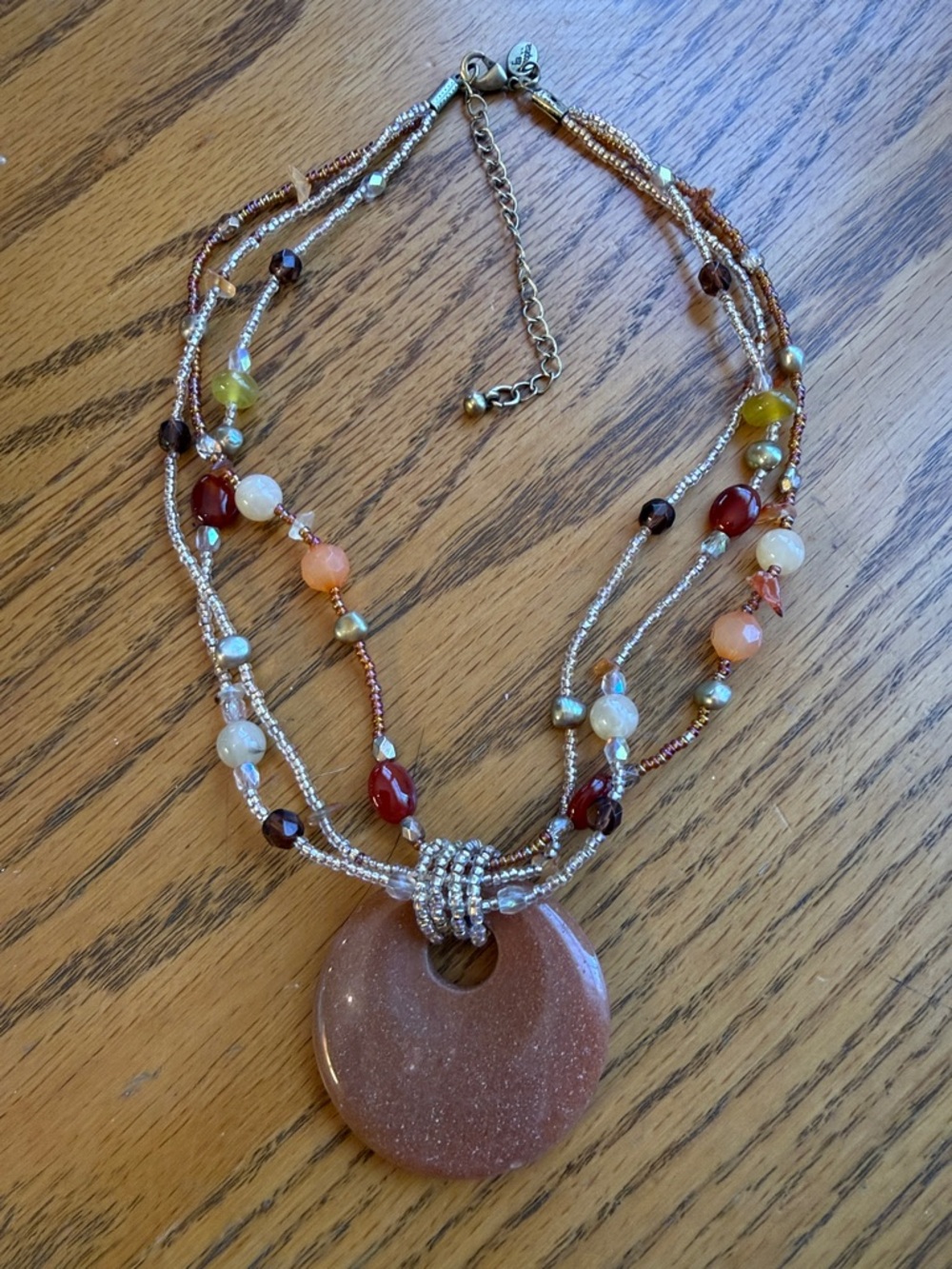 Lia Sophia Layered Beaded Necklace with Brown Goldstone Donut